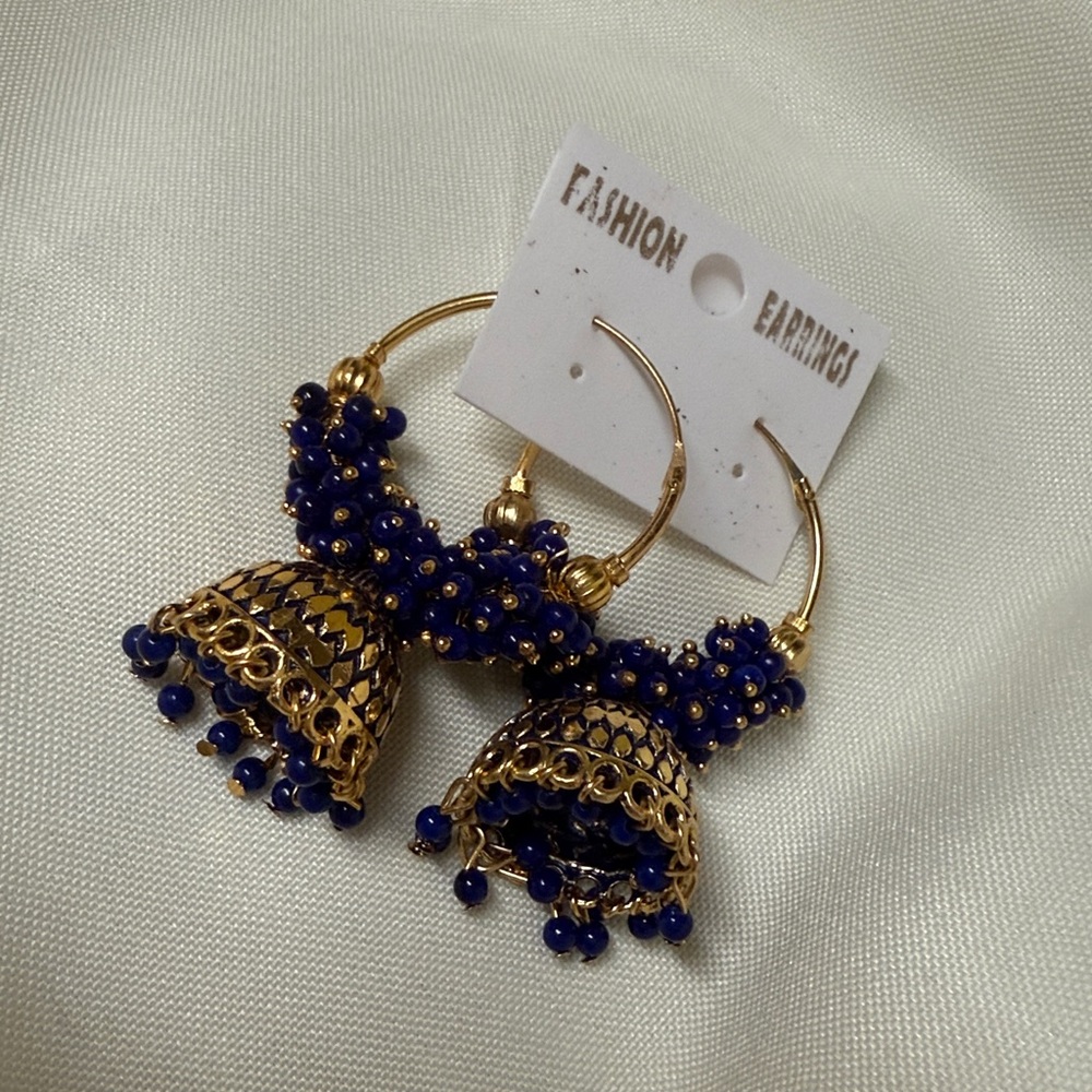 Indian Pakistani ethnic jhumki threader style earrings in blue color #809 - Picture 3 of 4
